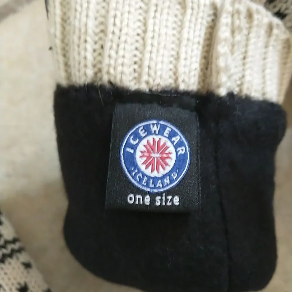 Icewear Iceland Gloves Mitten Womens S White Black Geometric 100%Wool Knit Lined